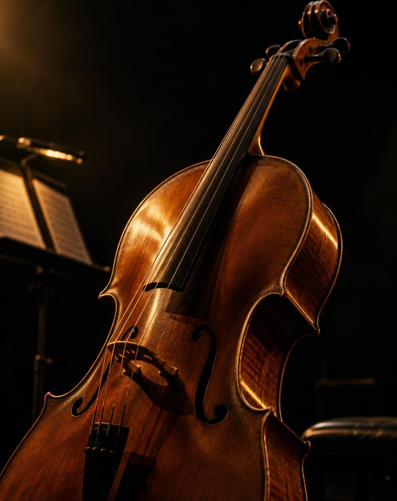 Cello de madera cálida iluminado sobre un escenario oscuro