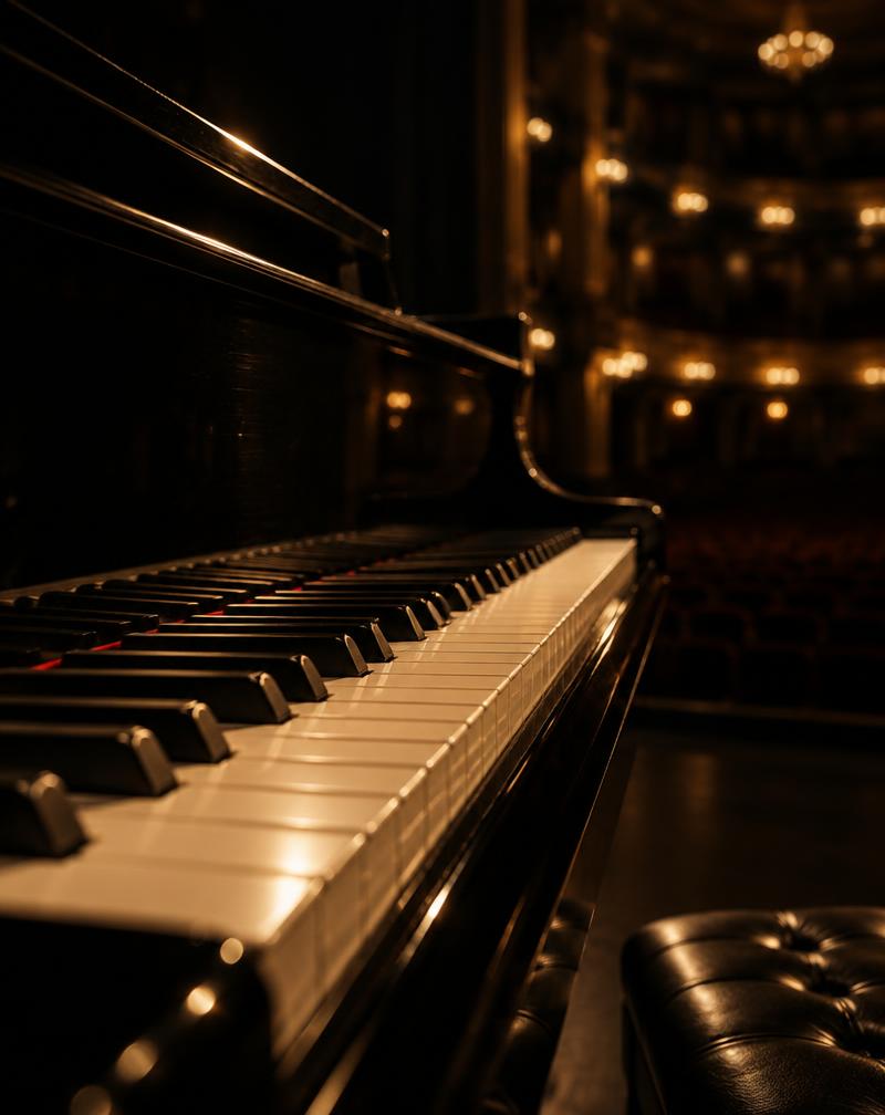 Teclado de un piano de cola con luz dorada en un teatro